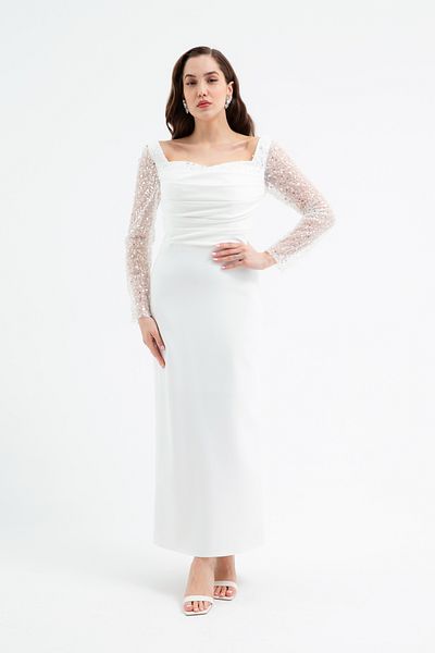 Lafaba Women's White Heart Collar Sleeves Sequined Midi Promise Engagement Wedding Evening Dress