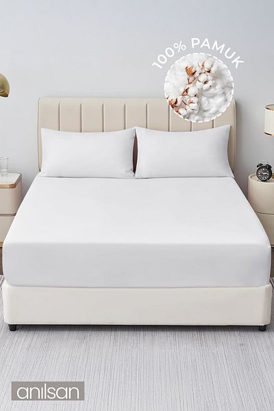 Anılsan Plain White Fitted Sheet 100% Cotton Single/Double Home, Hotel Sheet, 63 Wire