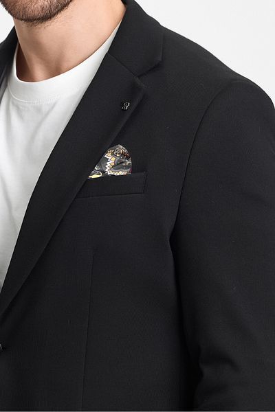 Frappoli Jasino Ανδρικό μαύρο βαμβακερό Lycra Slim Fit πλεκτό τεντωμένο μονόχρωμο σακάκι με γιακά
