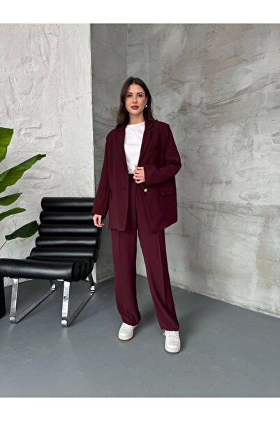 Elif Özbey Butik Mürdüm Gold Düğmeli Ceket Pantolon Takım