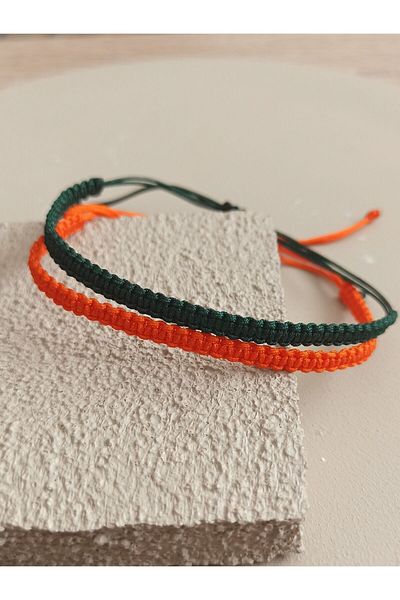 TREND Unisex Set of 2 Braided Orange - Dark Green Macrame String Bracelet, Friendship Bracelets