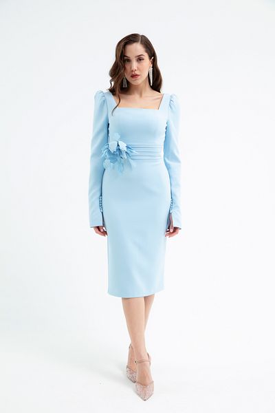 Lafaba Rochie de seară pentru nuntă, cu mânecă lungă, cu mânecă lungă, cu trandafir albastru