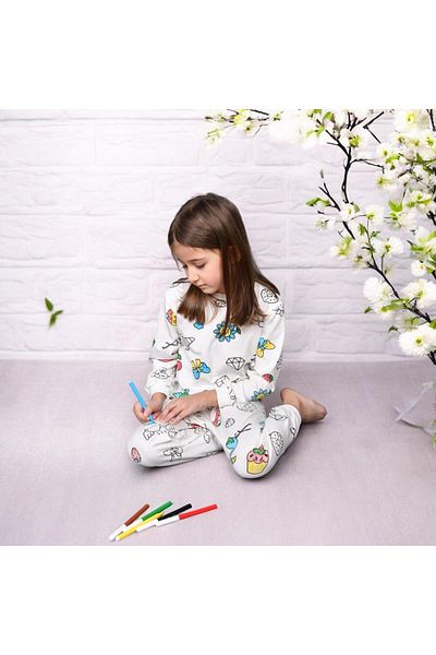 Esterella Girl's Painted Washable Pajama Set (with Pen Gift)/Long Sleeve Children's Pajama Set
