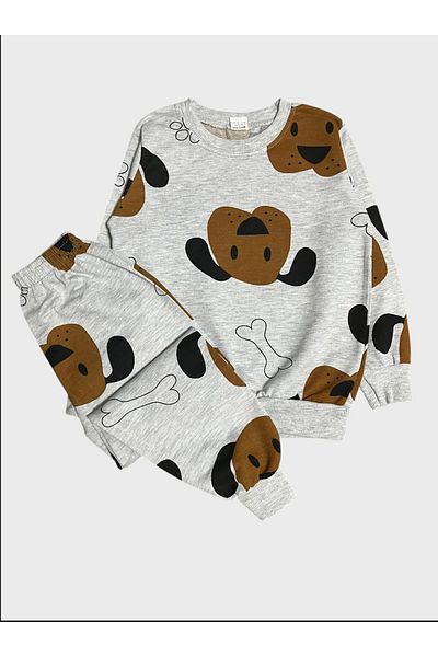 ALİŞ KİDS Boys' Cotton Gray Cute Dog Patterned Long Sleeve Seasonal Pajama Set