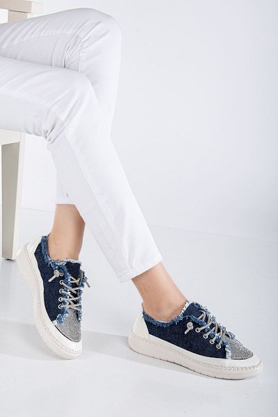Hayalimdeki Ayakkabı Neva Stone Flat Sole Women's Navy Blue Denim Sneakers