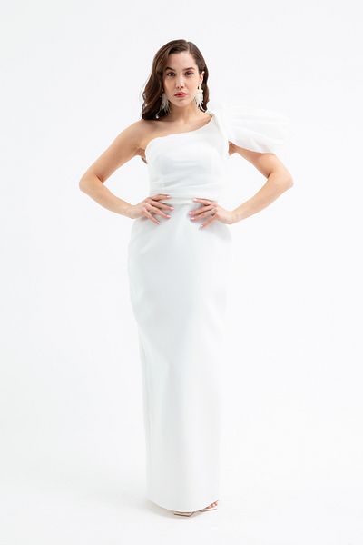 Lafaba Women's White One Shoulder Detailed Promise Engagement Wedding Evening Dress