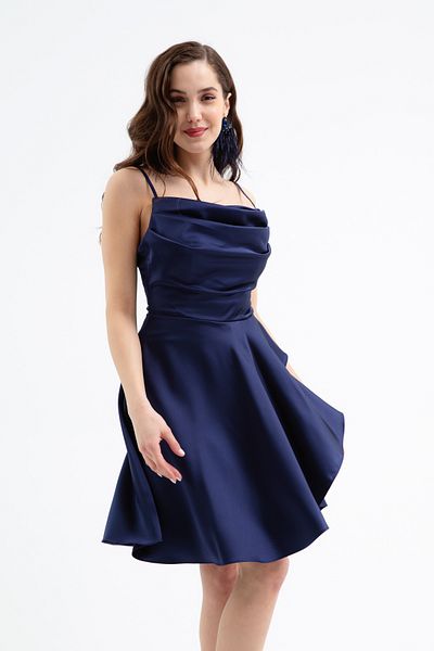 Lafaba Women's Navy Blue Flounce Slit Short Satin Evening Dress & Graduation Dress