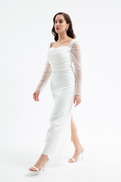Lafaba Women's White Heart Collar Sleeves Sequined Midi Promise Engagement Wedding Evening Dress