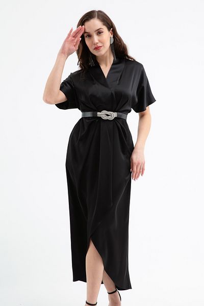 Lafaba Rochie midi neagră cu decolteu în V pentru femei, cu centură de piatră