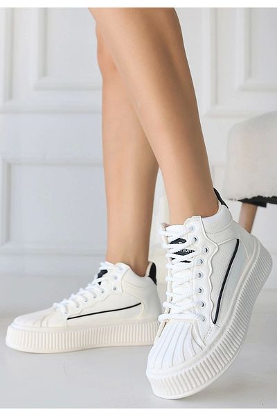 KAZAX Estim White Skin Black Detailed Lace up Sneakers