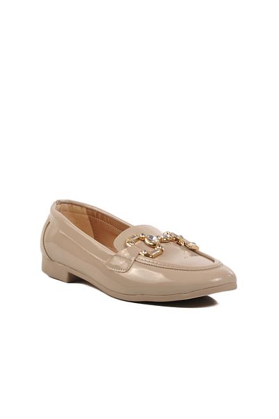 AYAKMOD Beige Patent Leather Buckle Women's Ballerinas
