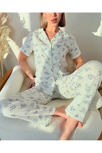 Pijamacs Ecru Blue Floral Patterned Cotton Short Sleeve Shirt Collar Pajama Set