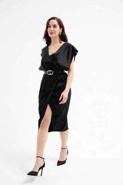 Lafaba Rochie midi neagră de damă, cu guler dublu, cu curea
