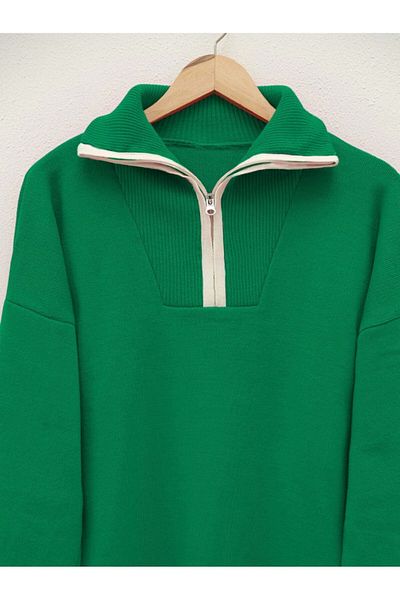 Modamorfo Half Zippered Turtleneck Knitwear Tunic -Green