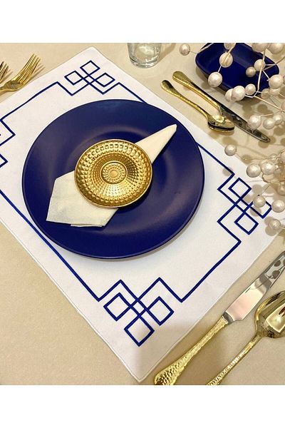 Soft Colours 2 Piece Greek Key Geometric Patterned Decorative Embroidered American Service Set