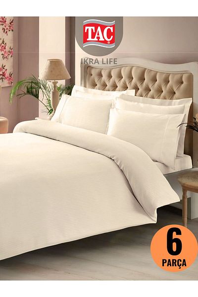 Taç Set cuvertură dublă din satin crem Premium Basic Stripe
