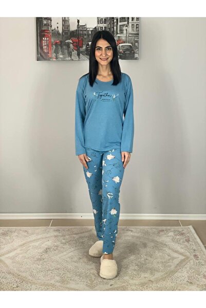 YusGos Women's Cotton Viscon Floral Patterned Pajamas Set (Blue)