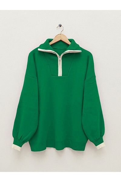 Modamorfo Half Zippered Turtleneck Knitwear Tunic -Green