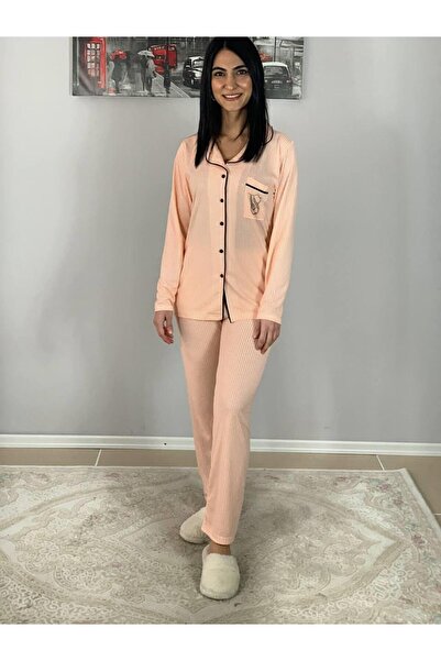 YusGos Women's Cotton Viscon Peter Pan collar Striped Pajama Set (Orange)