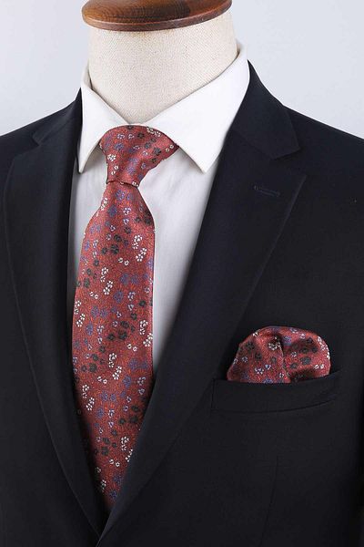 Kravatkolik Classic Tie with Orange Flower Pattern Handkerchief Kk13157