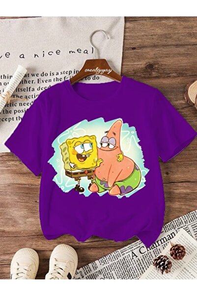 oneagılyazı تي شيرت باتريك وسبونجبوب كبير الحجم للأطفال مطبوع