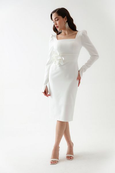 Lafaba Women's White Rose Detailed Long Sleeve Promise Engagement Wedding Evening Dress