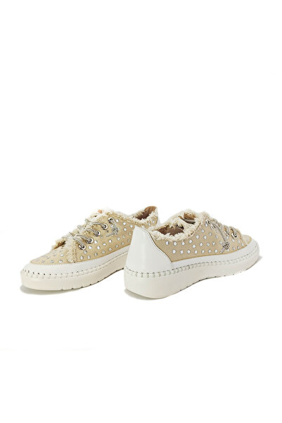 GDT Ayakkabı Krem Renk Taşlı Düz Taban Kadın Kot Sneakers