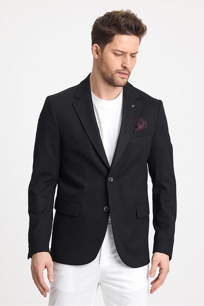 Frappoli Marcio Ανδρικό Μαύρο Βαμβακερό Μικτό Πανί Stretching Mono Collar Slim Fit Sports Blazer Jacket