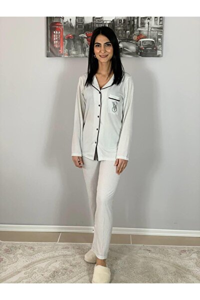 YusGos Women's Cotton Viscon Baby Collar V. Secret Striped Pajama Set (White)