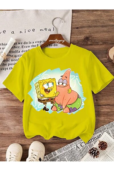 oneagılyazı تي شيرت باتريك وسبونجبوب كبير الحجم للأطفال مطبوع