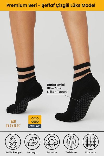 Dore Original Premium Women's 1 Pair Transparent Striped Luxury Model Non-Slip Pilates Yoga Non-Slip Sole Socks