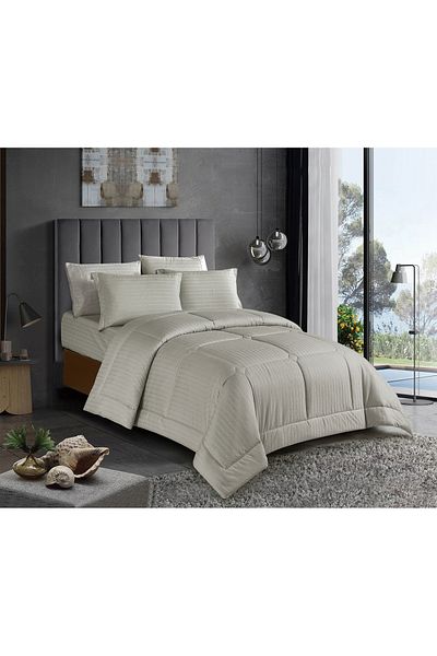 Donetella Variegated Stripes Quilted Bedding Comforter Set, 6 Pcs King Size Fits 240x260 Cms