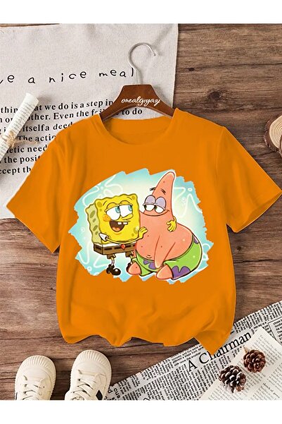 oneagılyazı تي شيرت باتريك وسبونجبوب كبير الحجم للأطفال مطبوع