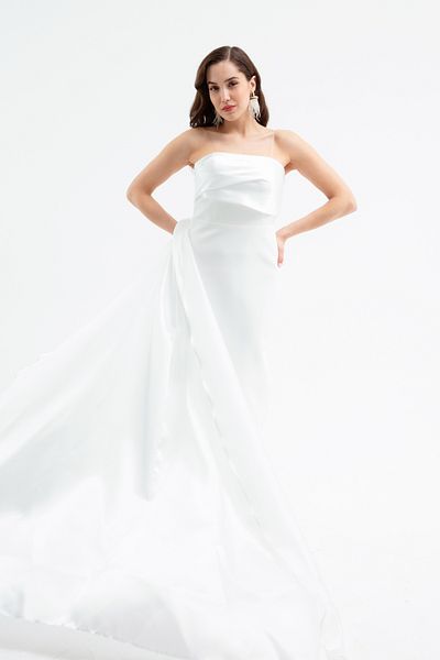 Lafaba Women's White Strapless Neckline Tailed Promise Engagement Wedding Evening Dress