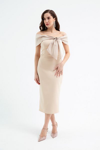 Lafaba Women's Beige Collar Detailed Promise Engagement Wedding Evening Dress