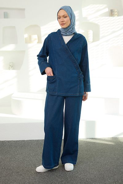 LOCCO Women's V-Neck Kimono Denim Suit Dark Blue