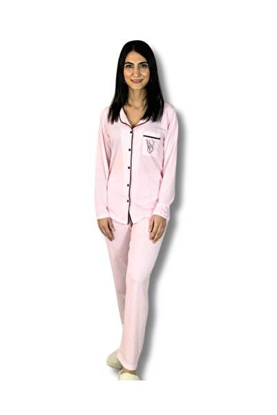 Chordi Kadın Pamuklu Viscon Bebe Yaka V. Secret İnce Çizgili Pijama Takımı (Pembe)
