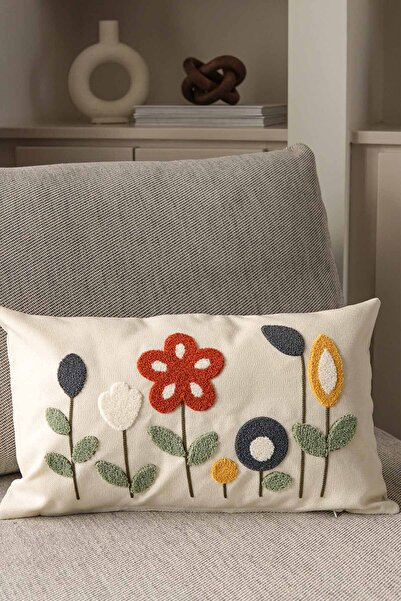 Pilloveland Dikdörtgen Punch Nakışlı Keten Görünümlü Kırlent Kılıfı - 50*30 Cm - 1 Adet - Bahçe