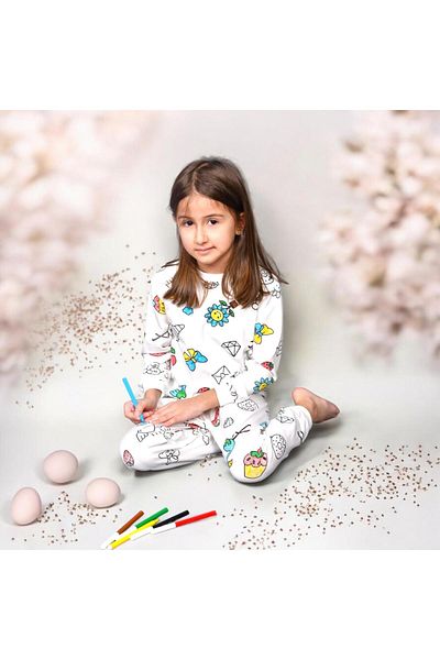 Esterella Girl's Painted Washable Pajama Set (with Pen Gift)/Long Sleeve Children's Pajama Set