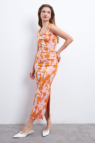 Know Women's Orange Pink Patterned Lycra Long Skirt Strap Suit
