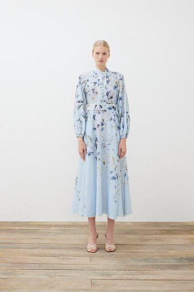 TERZİ DÜKKANI فستان أطفال من الكتان منقوش باللون الأزرق