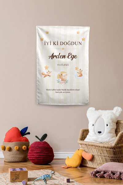 Vagonik Kişiye Özel Doğum Günü Tilki Temalı Happy Birthday Duvar Örtüsü Duvar...