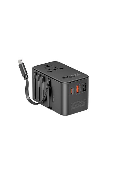 Promate Universal Travel Adapter with GaN Charger, 2500W AC Socket, 70W USB-C, 30W QC 3.0 Port.