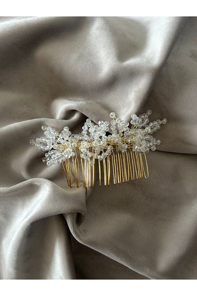 Pearly Handmade Аксесоар за булчинска коса със златен кристален бял камък, щипка за коса за годеж, сватба, блестящ гребен