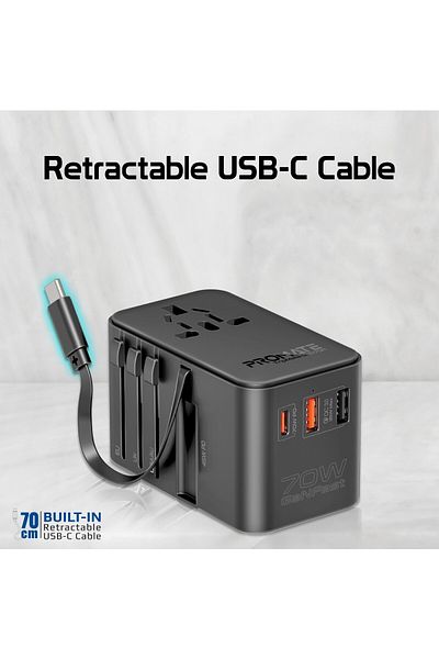 Promate Universal Travel Adapter with GaN Charger, 2500W AC Socket, 70W USB-C, 30W QC 3.0 Port.