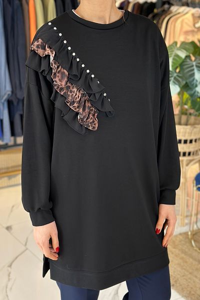 REMSA Leopard Ruffle Detail Tunic 31466 Black