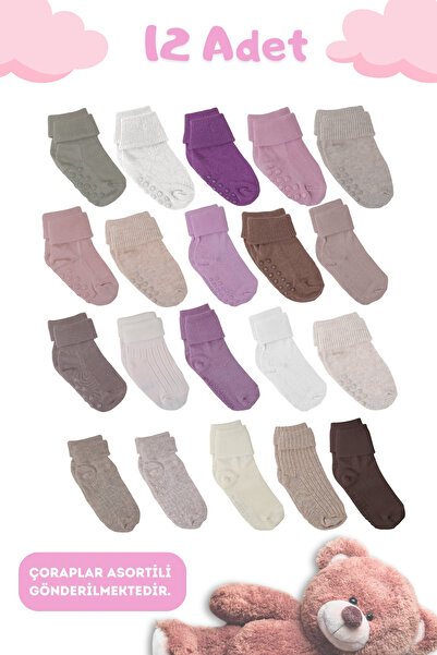 CNT Baby Girl Anti-Slip Cotton Soft Socks - Pack of 12