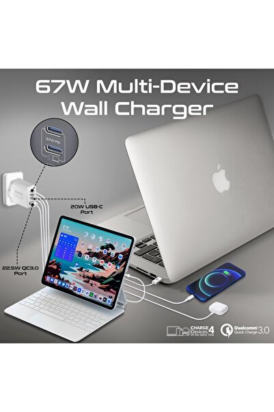 Promate 67W USB-C GaN Wall Charger, Ultra-Compact Dual USB-C Power Delivery Laptop Charger