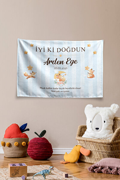 Vagonik Kişiye Özel Doğum Günü Tilki Temalı Happy Birthday Duvar Örtüsü Duvar...