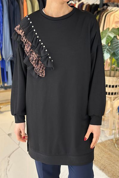 REMSA Leopard Ruffle Detail Tunic 31466 Black